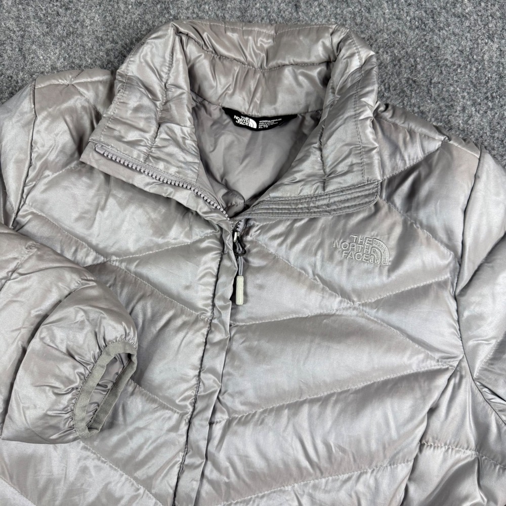 The North Face Puffer Jacket Womens XL Silver 550 Down Fill Quilted Full Zip
